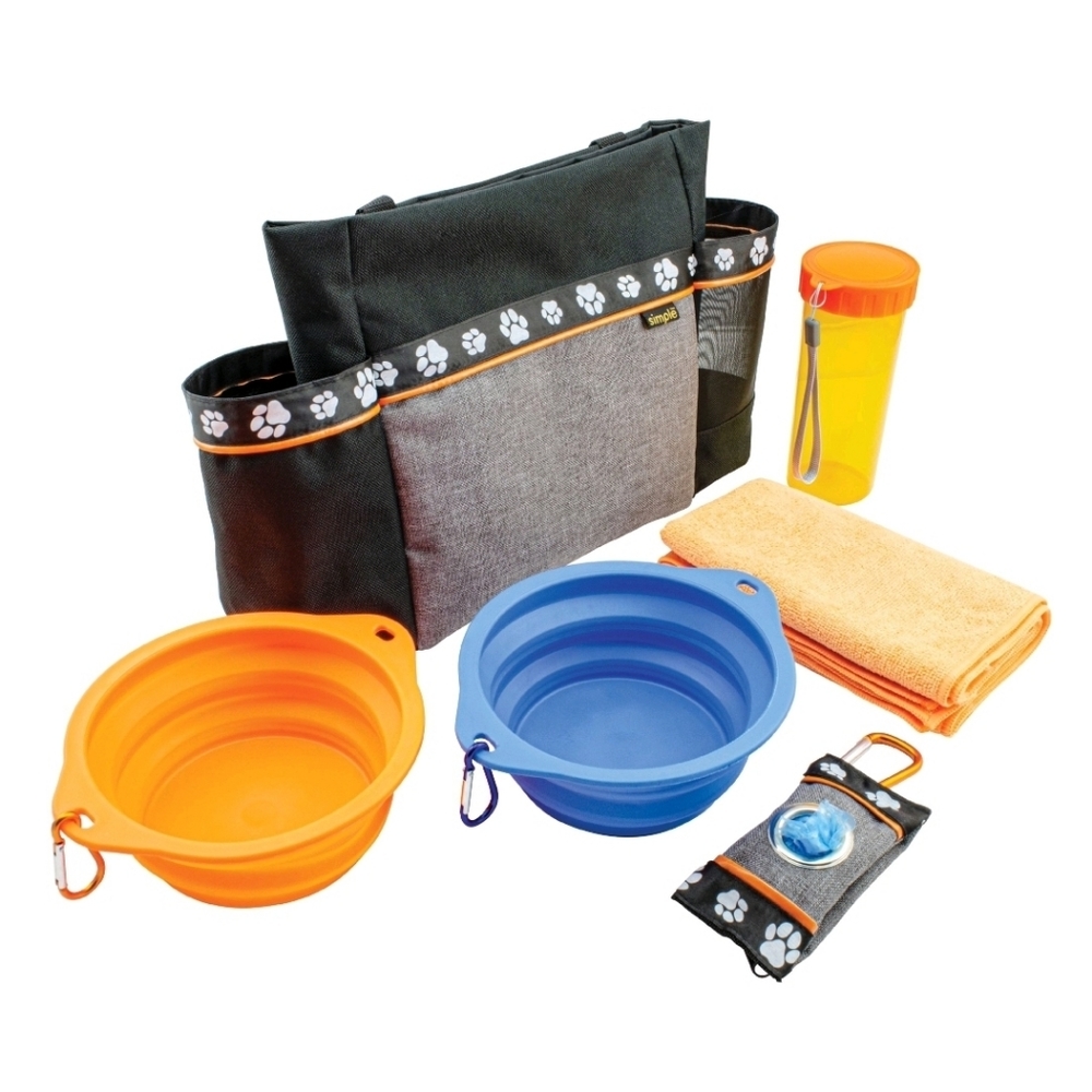 Pet Travel Set 6 Pieces Bowls Water Bottle Towel Bag Holder Travel Bag